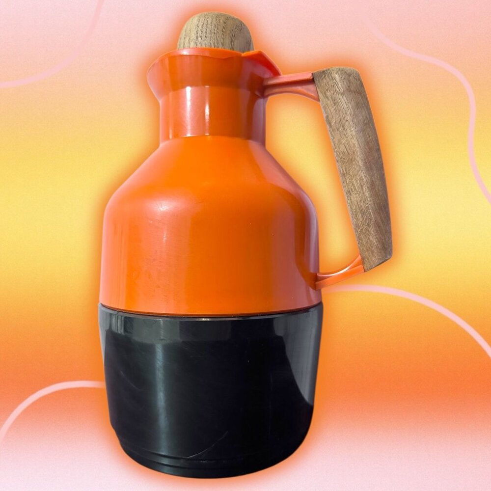 Vintage MCM Orange Black Teak Handle & Stopper G. Rosendahl Swedish Thermos